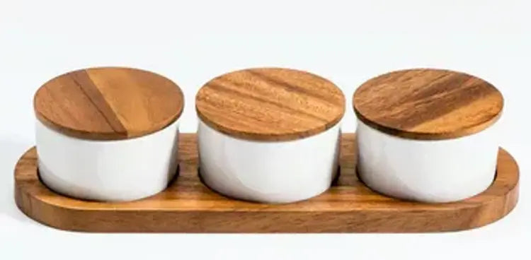 Ceramic Condiment Set on Acacia Wood